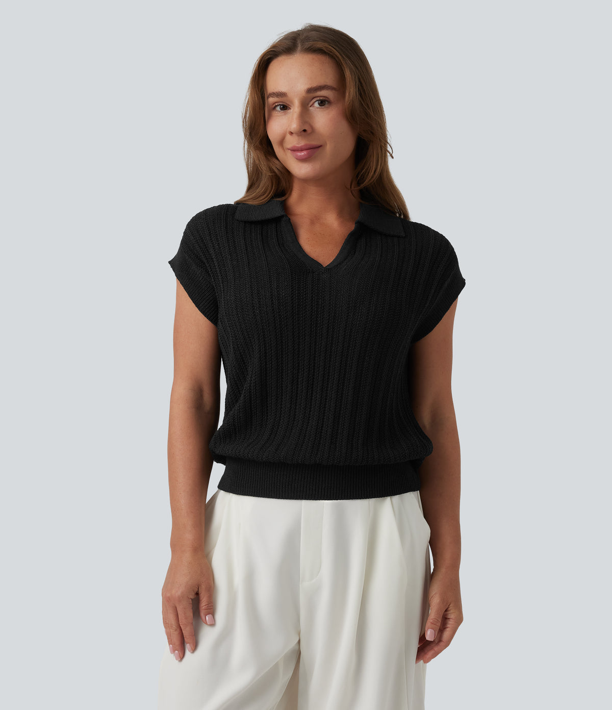 Polo Cap Sleeve Work Jumper — Black — view 6