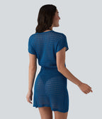 V-neck Short Sleeve Hollow Out Mini Resort Cover Up Dress — Dark Blue — view 2