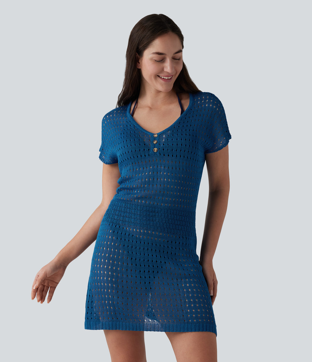 V-neck Short Sleeve Hollow Out Mini Resort Cover Up Dress — Dark Blue — view 1