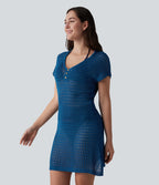 V-neck Short Sleeve Hollow Out Mini Resort Cover Up Dress — Dark Blue — view 3