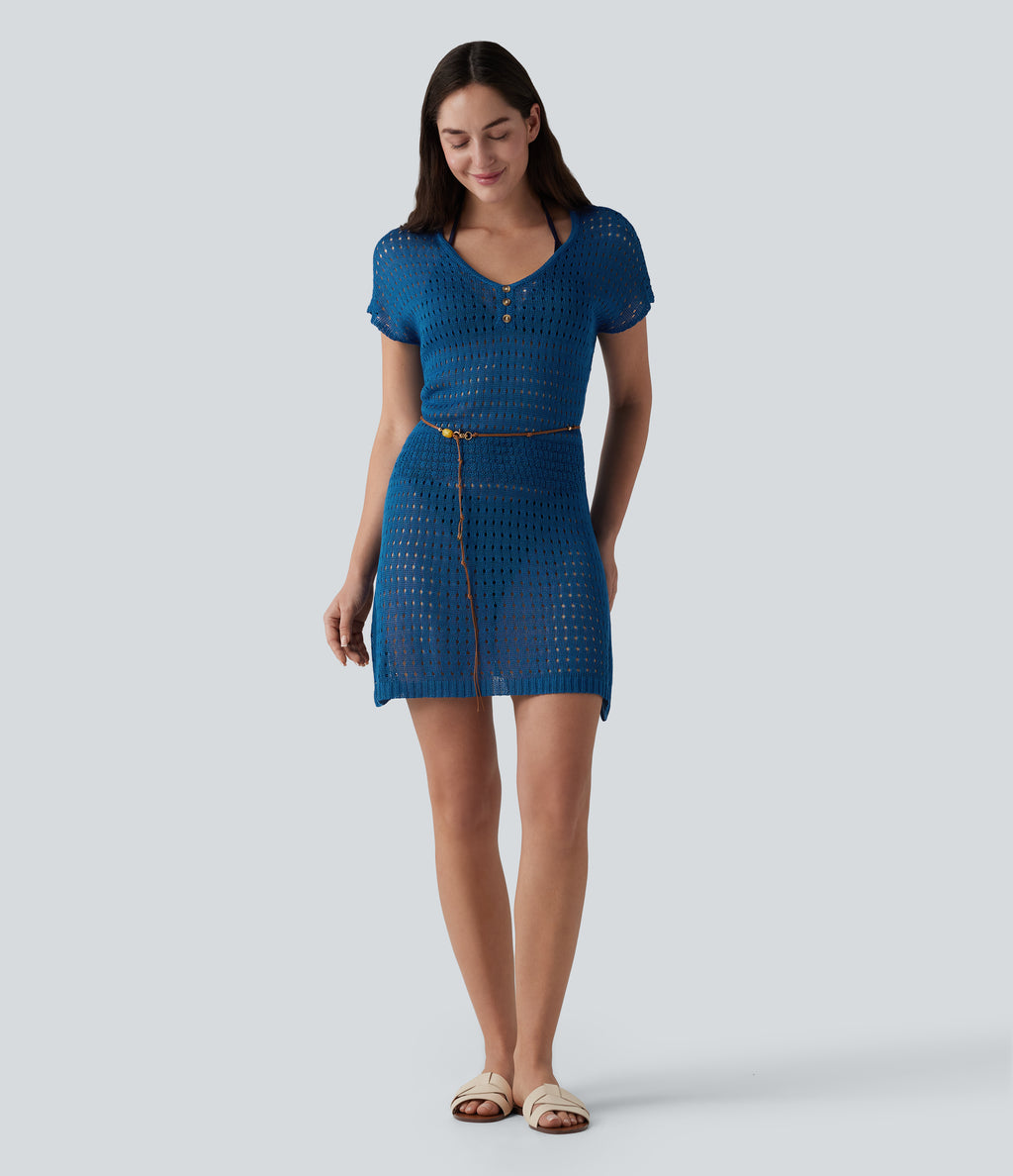 V-neck Short Sleeve Hollow Out Mini Resort Cover Up Dress — Dark Blue — view 5