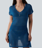 V-neck Short Sleeve Hollow Out Mini Resort Cover Up Dress — Dark Blue — view 4
