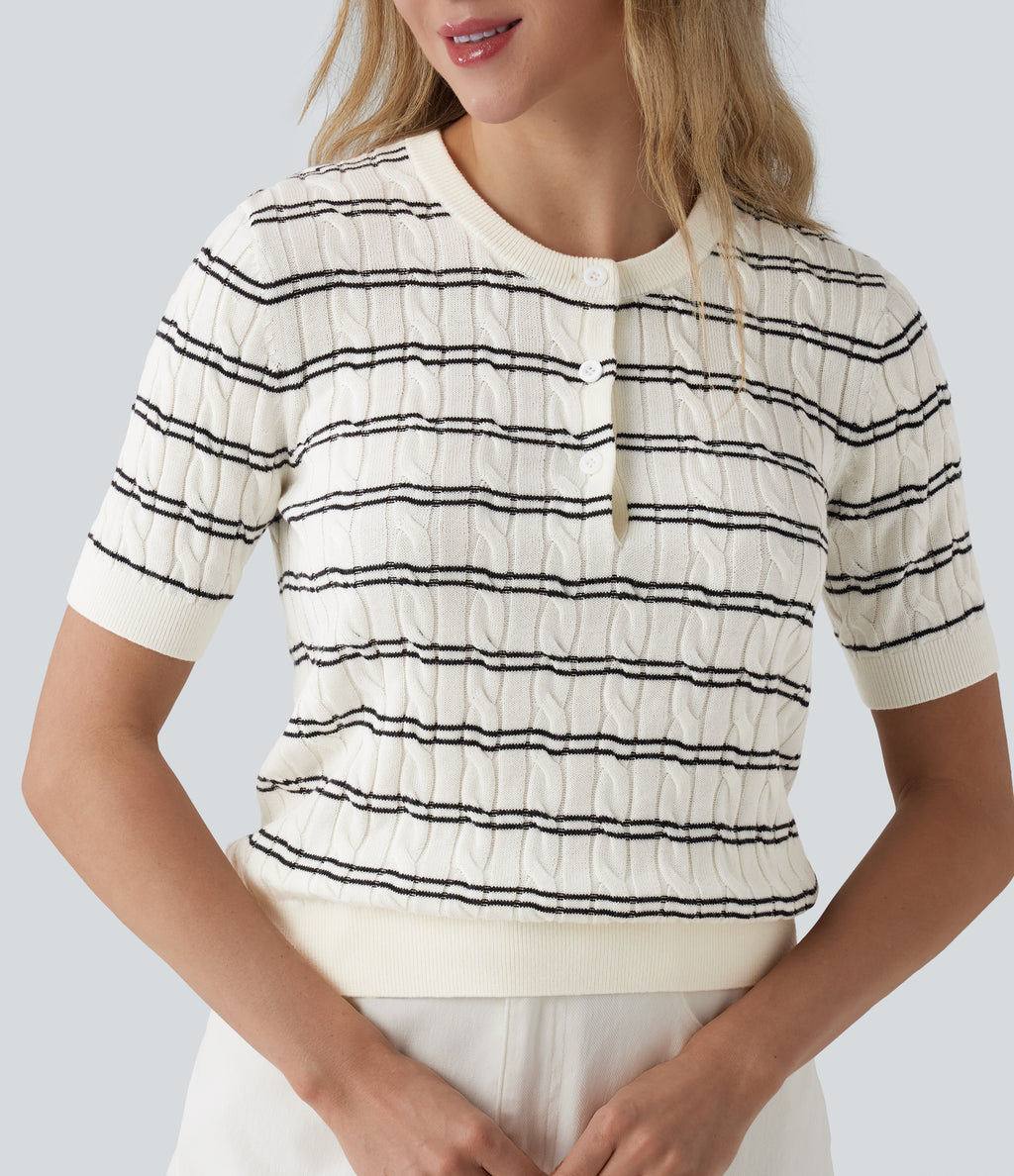 Henley Short Sleeve Stripes Work Jumper — White Black Horizontal Stripe — view 4