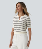 Henley Short Sleeve Stripes Work Jumper — White Black Horizontal Stripe — view 3