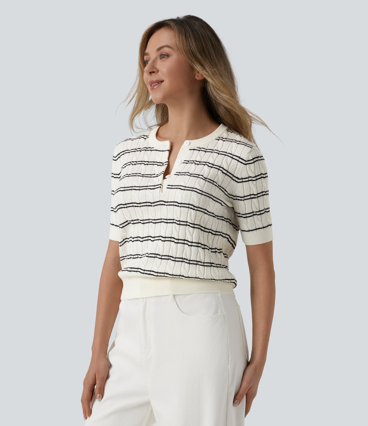 Henley Short Sleeve Stripes Work Jumper — White Black Horizontal Stripe — view 3