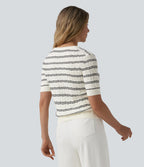 Henley Short Sleeve Stripes Work Jumper — White Black Horizontal Stripe — view 2