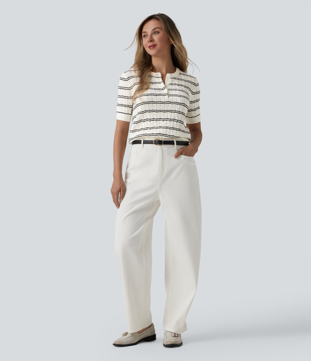 Henley Short Sleeve Stripes Work Jumper — White Black Horizontal Stripe — view 5