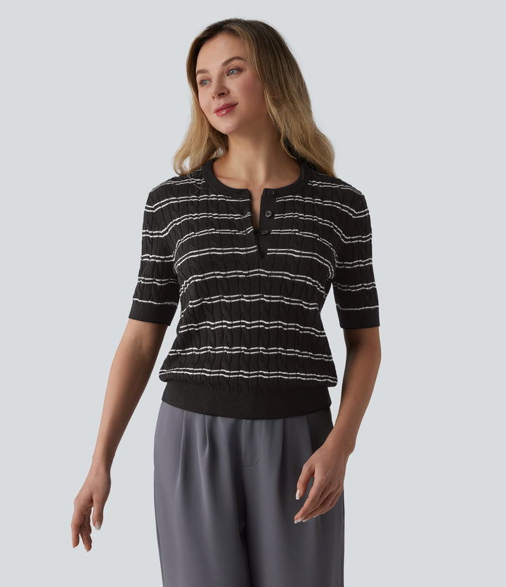 Henley Short Sleeve Stripes Work Jumper — Black White Horizontal Stripe — view 7