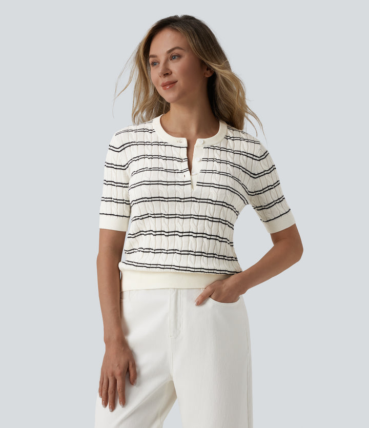 Henley Short Sleeve Stripes Work Jumper — White Black Horizontal Stripe — view 1
