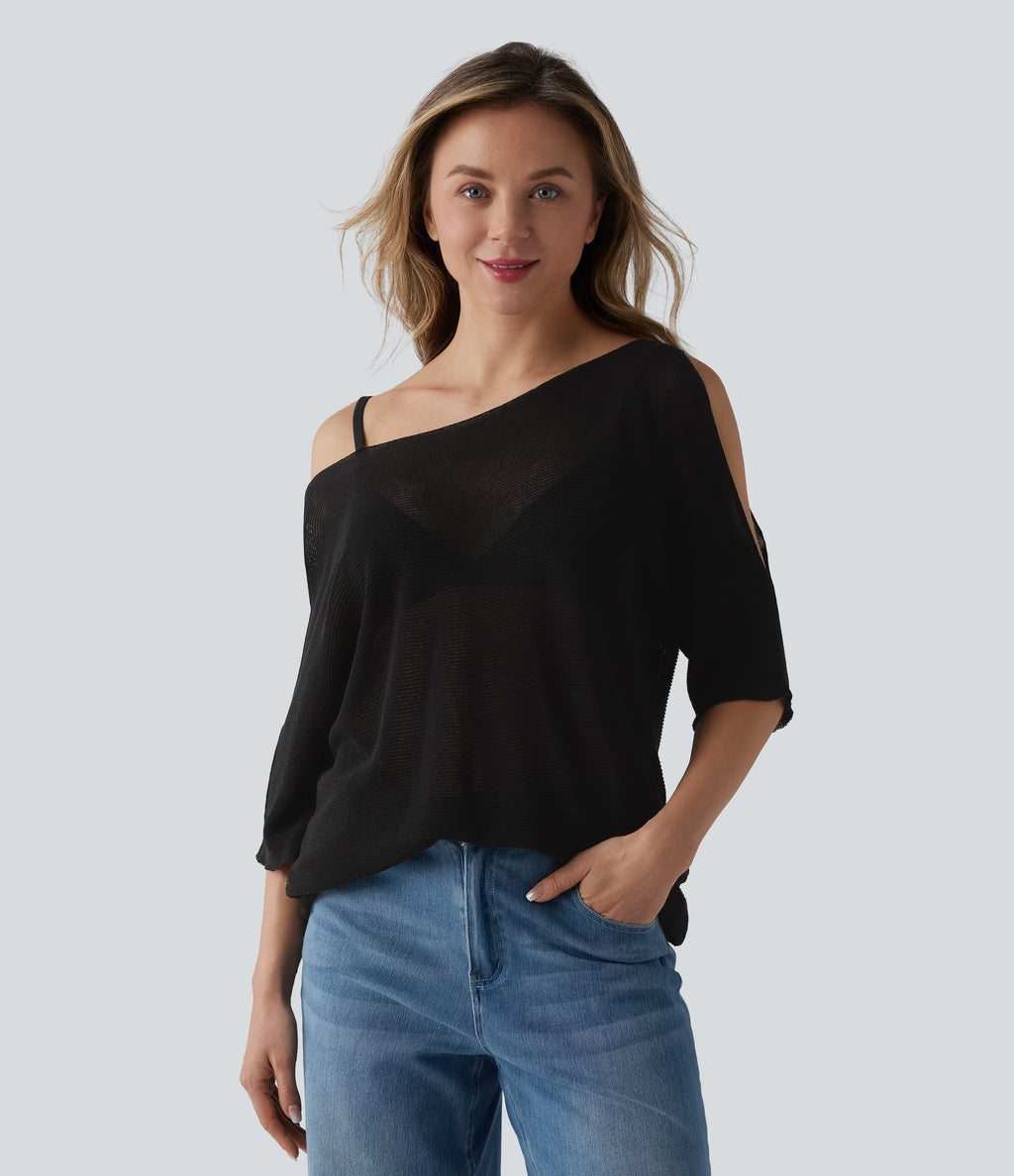 One Shoulder Half Sleeve Casual Jumper — Black — view 1