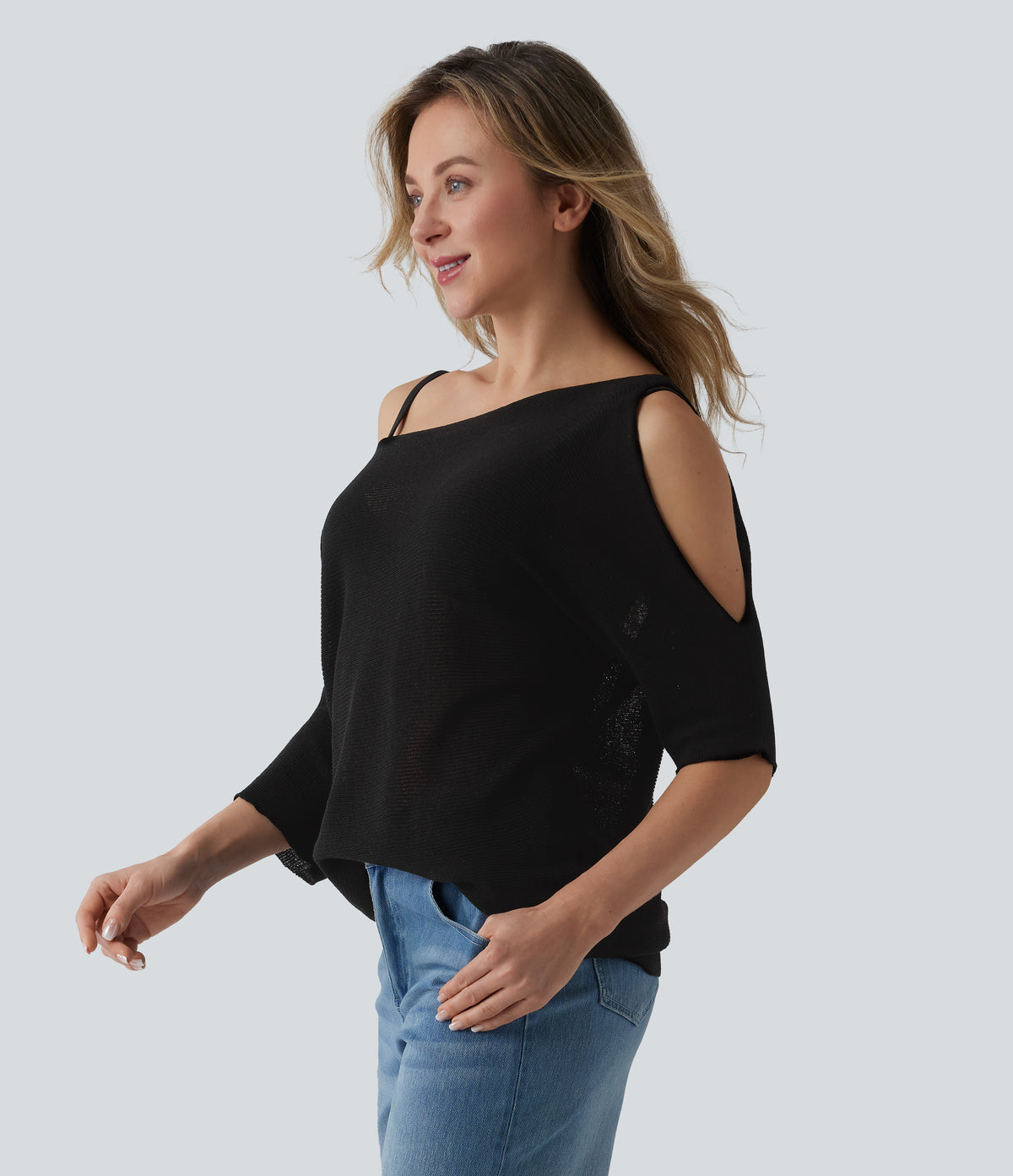 One Shoulder Half Sleeve Casual Jumper — Black — view 3