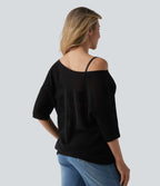 One Shoulder Half Sleeve Casual Jumper — Black — view 2