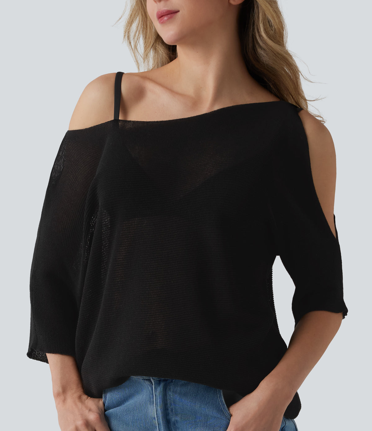 One Shoulder Half Sleeve Casual Jumper — Black — view 4