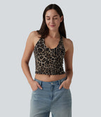 Deep V-neck Racerback Leopard Print Casual Tank Top — Beige and Brown Leopard — view 3