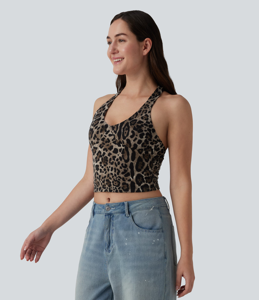 Deep V-neck Racerback Leopard Print Casual Tank Top — Beige and Brown Leopard — view 4