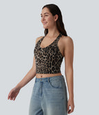 Deep V-neck Racerback Leopard Print Casual Tank Top — Beige and Brown Leopard — view 4