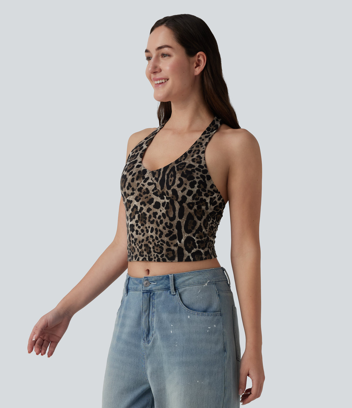 Deep V-neck Racerback Leopard Print Casual Tank Top — Beige and Brown Leopard — view 4