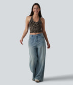 Deep V-neck Racerback Leopard Print Casual Tank Top — Beige and Brown Leopard — view 6