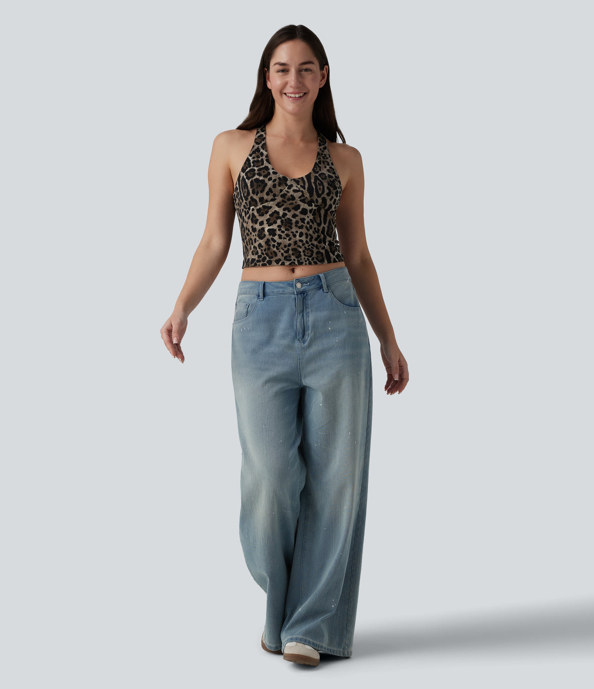 Deep V-neck Racerback Leopard Print Casual Tank Top — Beige and Brown Leopard — view 6