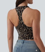 Deep V-neck Racerback Leopard Print Casual Tank Top — Beige and Brown Leopard — view 1
