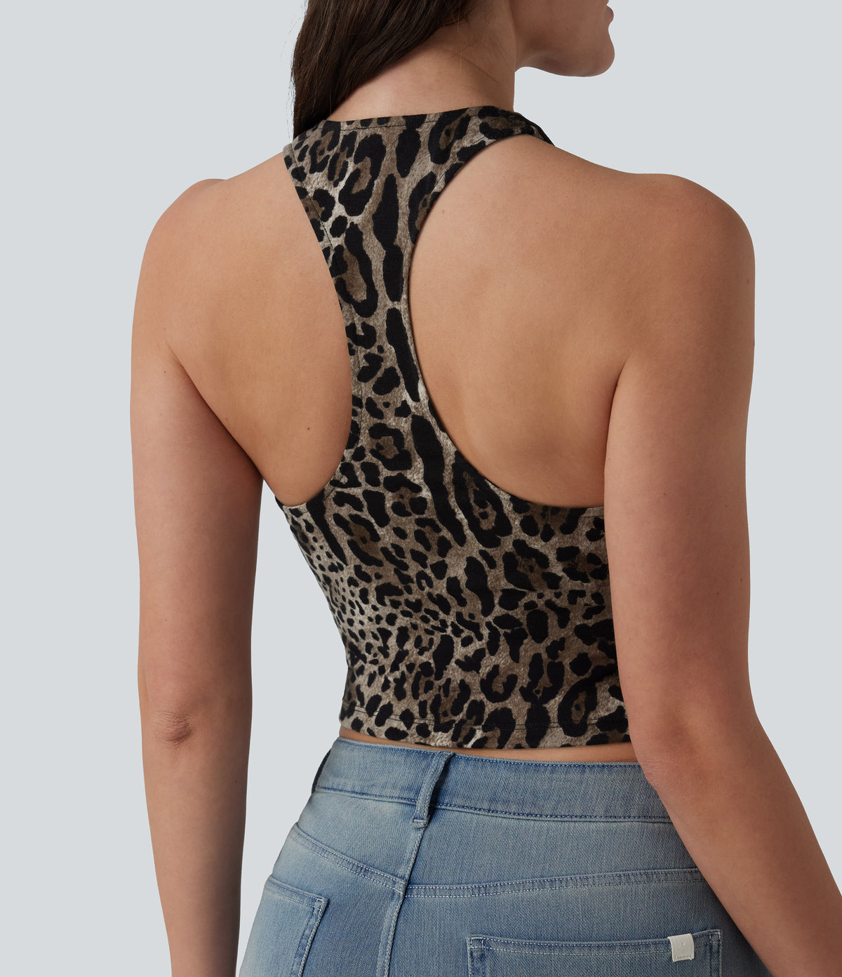 Deep V-neck Racerback Leopard Print Casual Tank Top — Beige and Brown Leopard — view 1