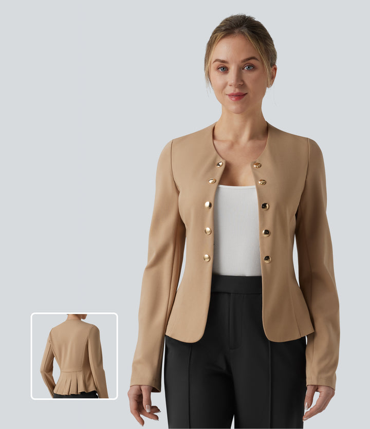 Round Neck Decorative Button Pleated Hem Work Blazer — Tan — view 1