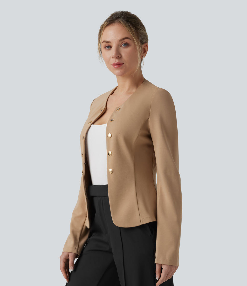 Round Neck Decorative Button Pleated Hem Work Blazer — Tan — view 3