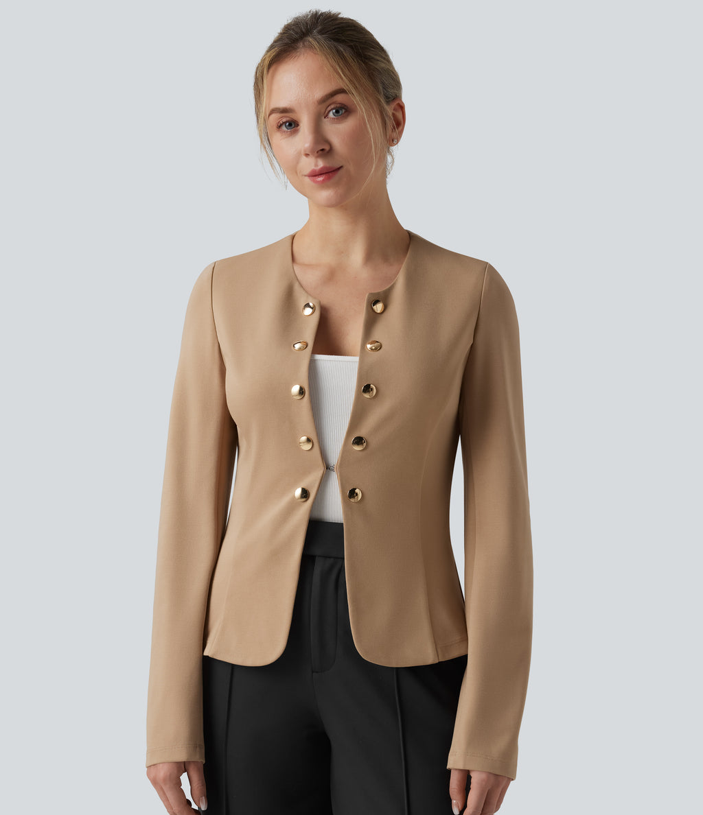 Round Neck Decorative Button Pleated Hem Work Blazer — Tan — view 4