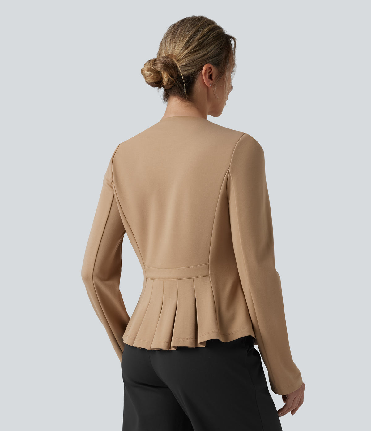 Round Neck Decorative Button Pleated Hem Work Blazer — Tan — view 2