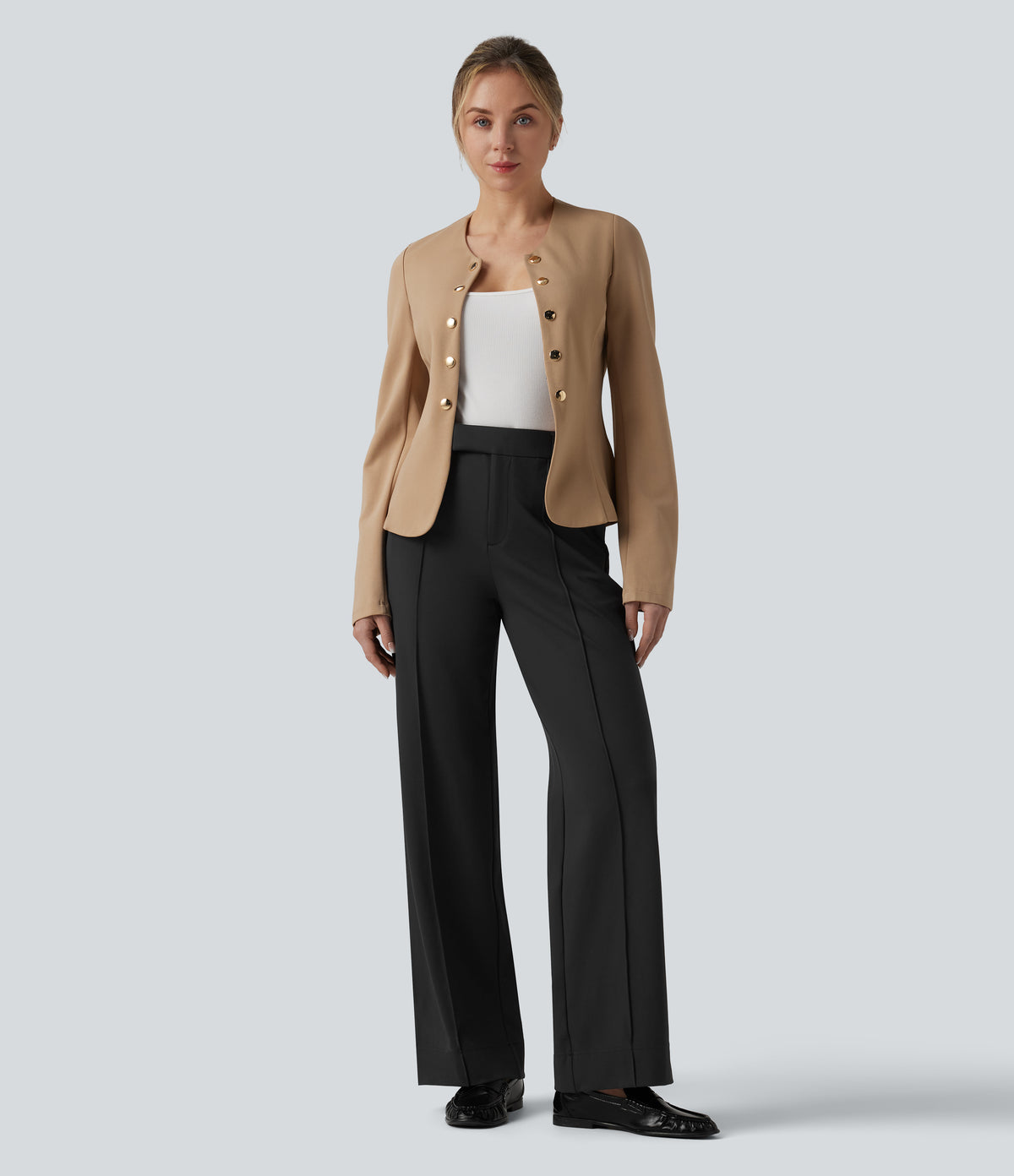 Round Neck Decorative Button Pleated Hem Work Blazer — Tan — view 5