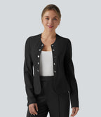 Round Neck Decorative Button Pleated Hem Work Blazer — Black — view 6