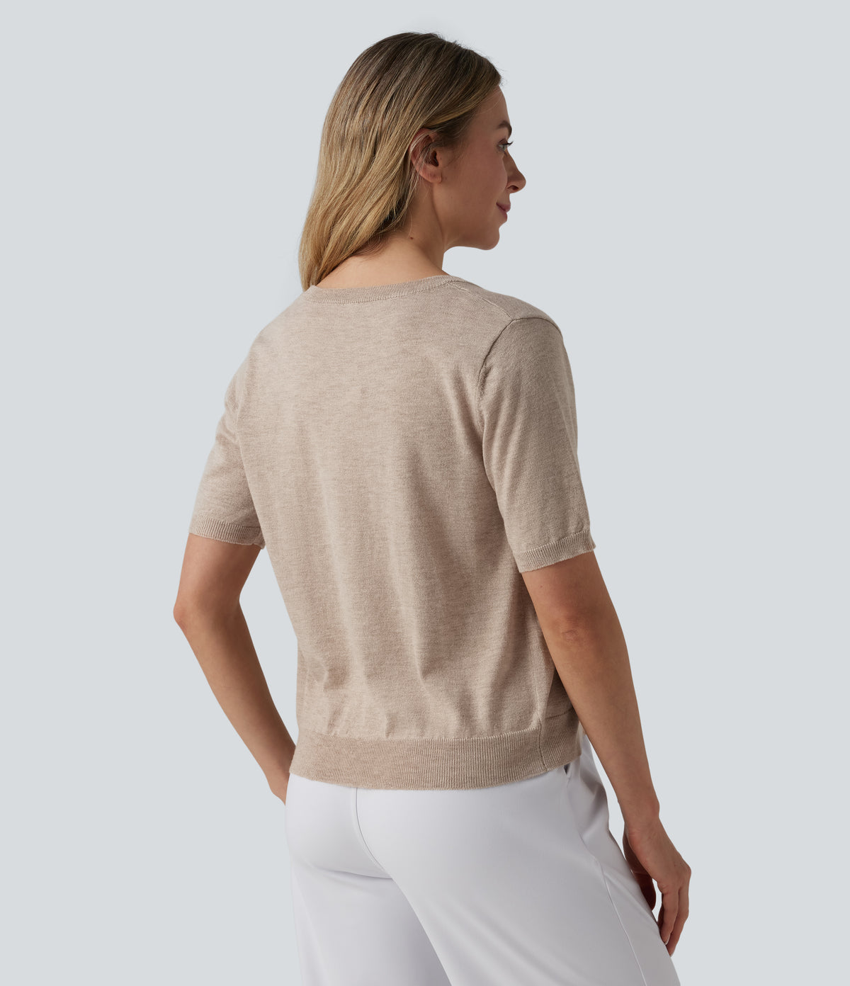 Round Neck Short Sleeve Work Wool-Blend Cardigan — Cement — view 2