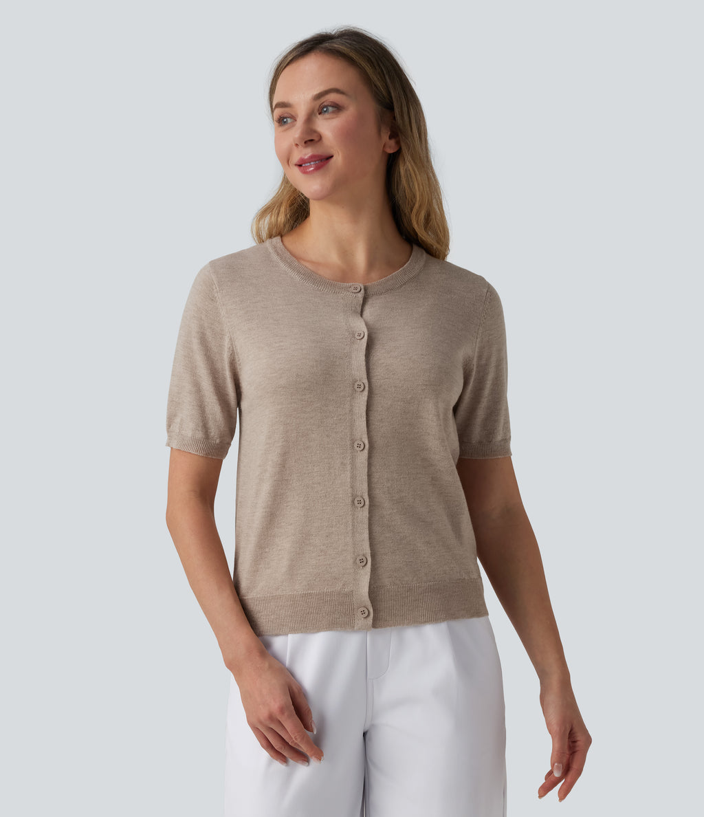 Round Neck Short Sleeve Work Wool-Blend Cardigan — Cement — view 5