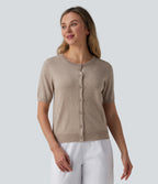 Round Neck Short Sleeve Work Wool-Blend Cardigan — Cement — view 5