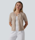 Round Neck Short Sleeve Work Wool-Blend Cardigan — Cement — view 1