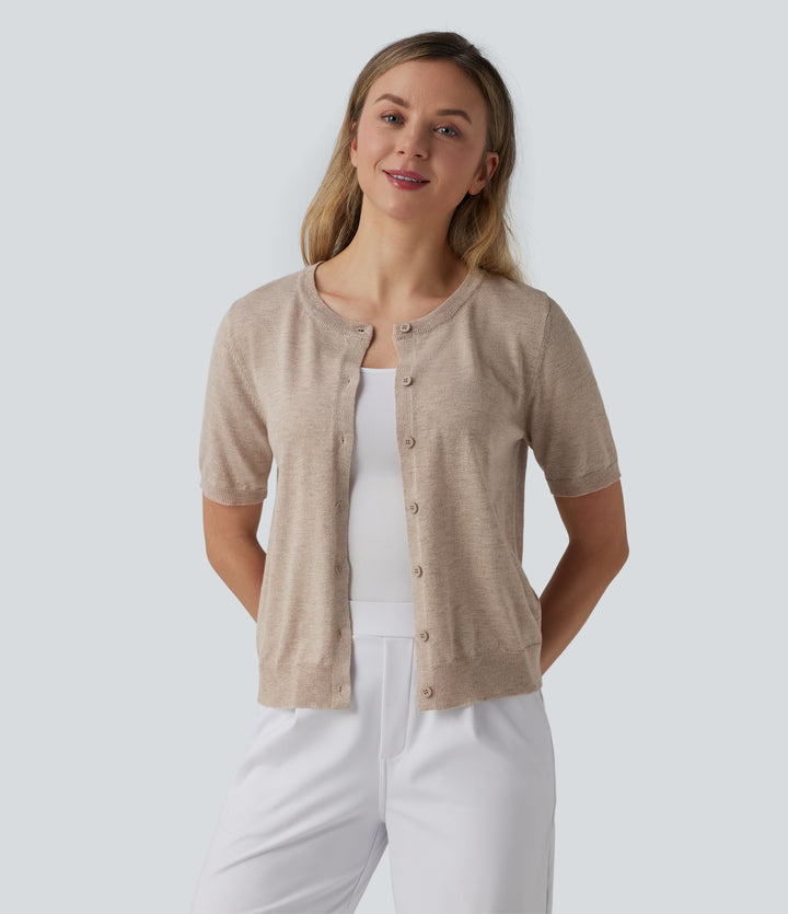 Round Neck Short Sleeve Work Wool-Blend Cardigan — Cement — view 1