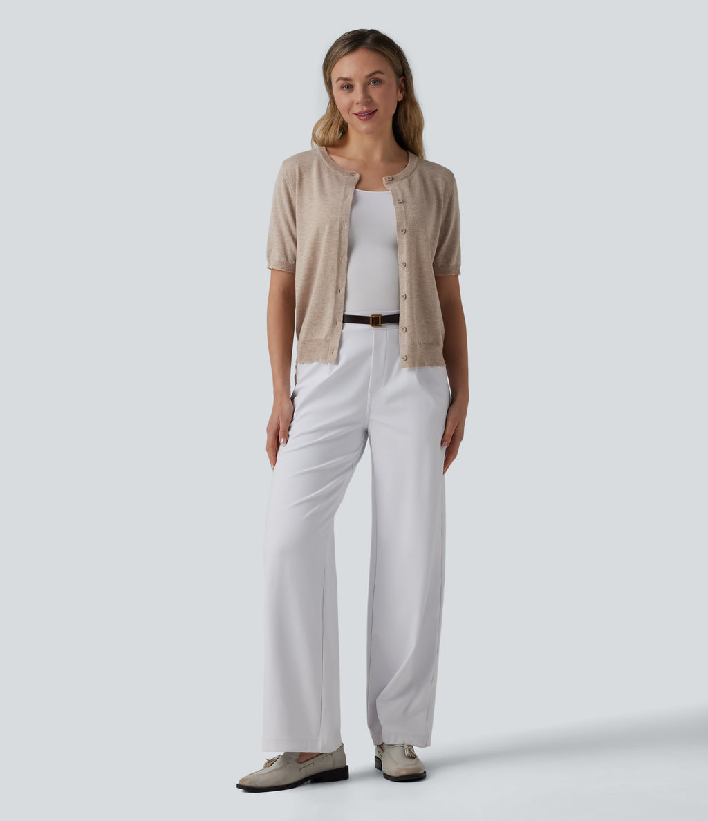 Round Neck Short Sleeve Work Wool-Blend Cardigan — Cement — view 6