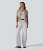 Round Neck Short Sleeve Work Wool-Blend Cardigan — Cement — view 6