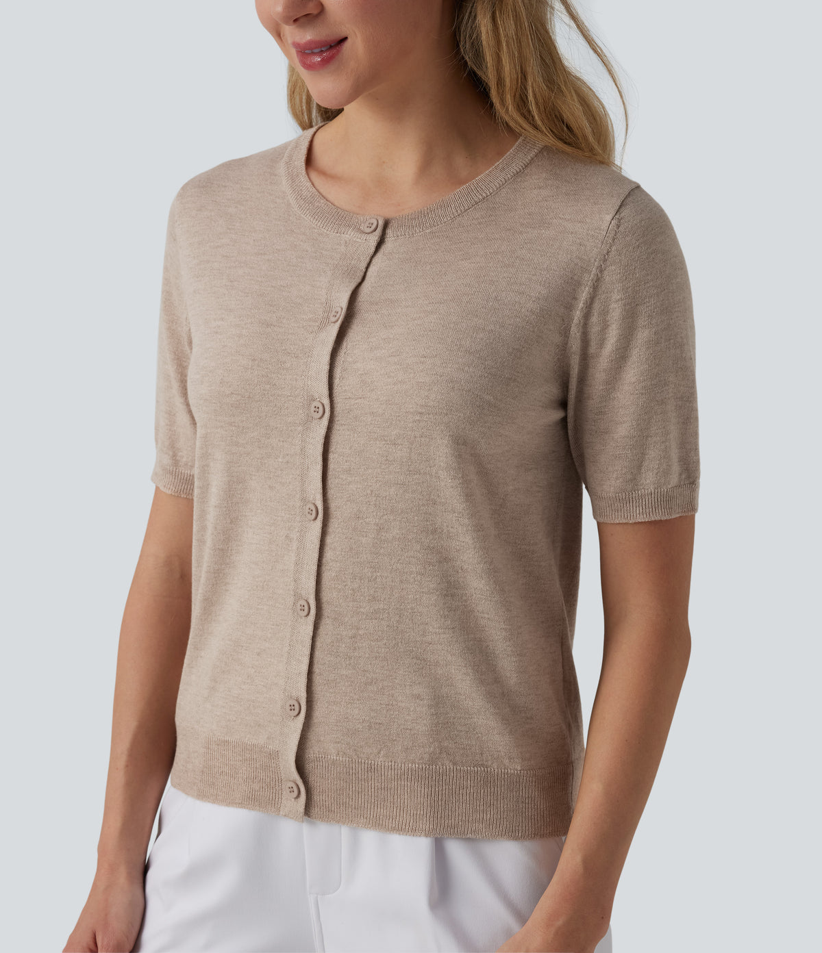 Round Neck Short Sleeve Work Wool-Blend Cardigan — Cement — view 4