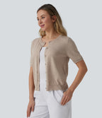 Round Neck Short Sleeve Work Wool-Blend Cardigan — Cement — view 3