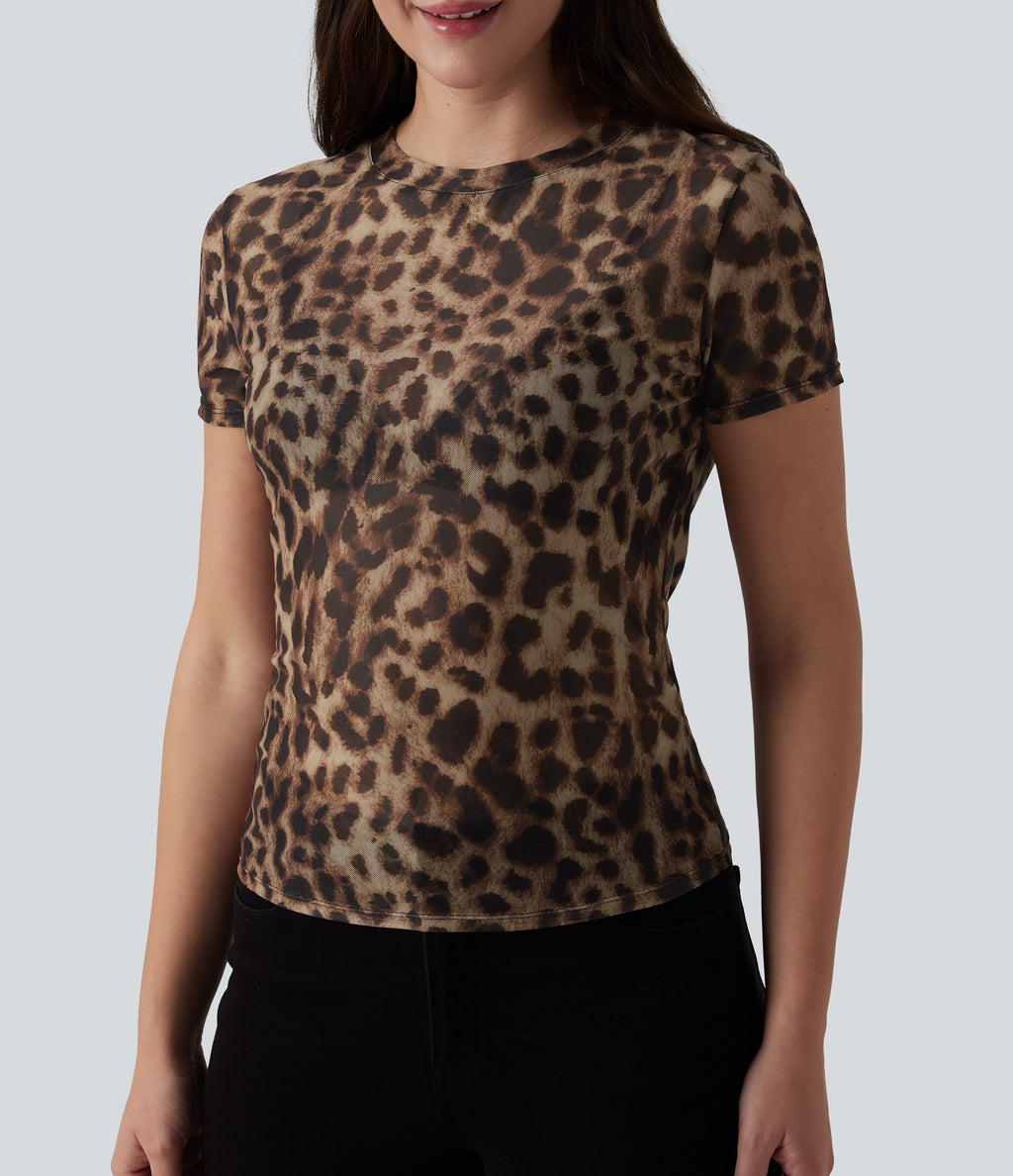Round Neck Short Sleeve Leopard Print Casual T-Shirt — Black Coffee Leopard Print — view 4