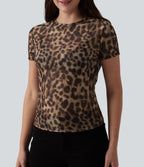 Round Neck Short Sleeve Leopard Print Casual T-Shirt — Black Coffee Leopard Print — view 4