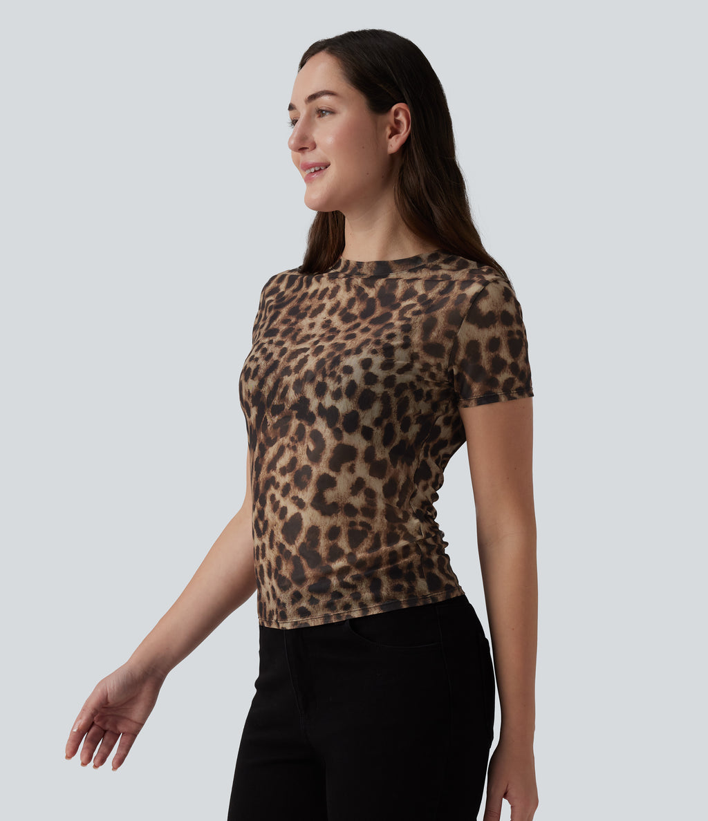 Round Neck Short Sleeve Leopard Print Casual T-Shirt — Black Coffee Leopard Print — view 3