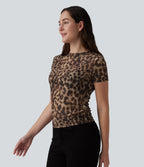 Round Neck Short Sleeve Leopard Print Casual T-Shirt — Black Coffee Leopard Print — view 3