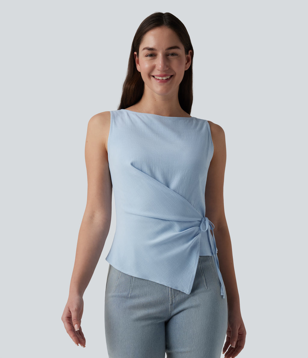 Boat Neck Tie Side Casual Linen-Feel Tank Top — Skyride — view 3