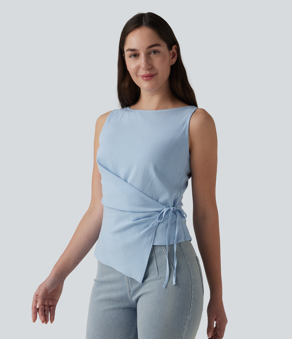Boat Neck Tie Side Casual Linen-Feel Tank Top — Skyride — view 4