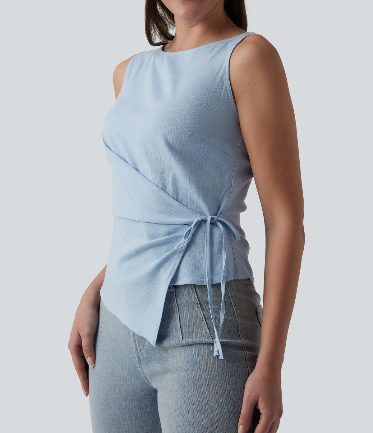 Boat Neck Tie Side Casual Linen-Feel Tank Top — Skyride — view 1