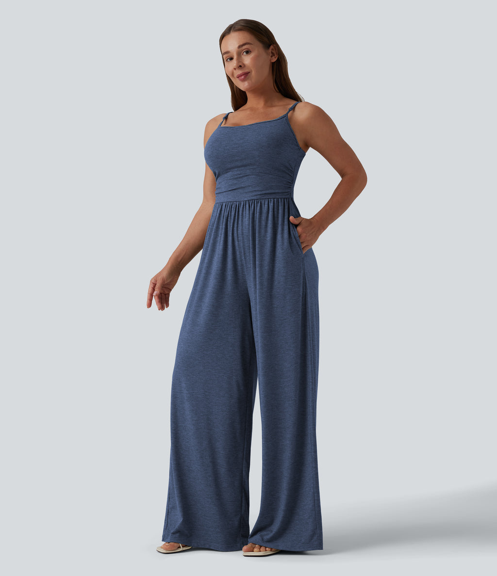 Adjustable Straps Ruched Wide Leg Heathered Casual Jumpsuit with Pockets — Mottled Indigo — view 3