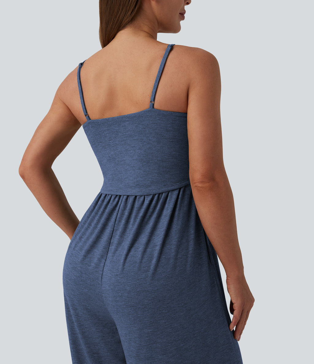 Adjustable Straps Ruched Wide Leg Heathered Casual Jumpsuit with Pockets — Mottled Indigo — view 6