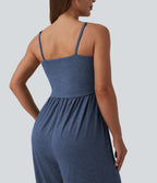 Adjustable Straps Ruched Wide Leg Heathered Casual Jumpsuit with Pockets — Mottled Indigo — view 6